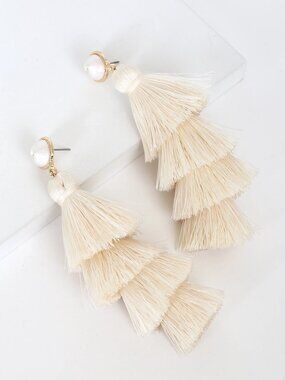 Lulus Chic Factor Ivory Gold Fringe Dangle Tassel Earrings 4.5" Long
